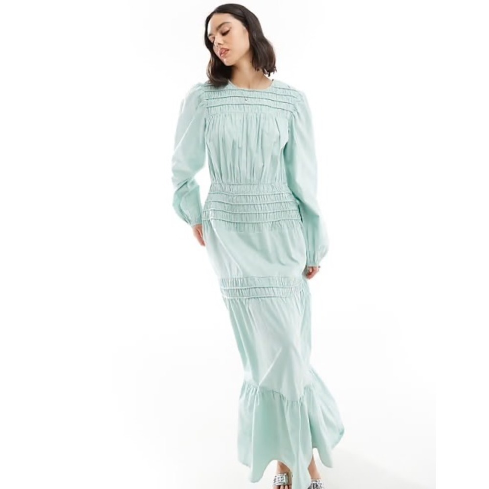 ASOS DESIGN Smocked Waist Tiered Cotton Maxi Boho Peasant Dress Sage Green US 4 - Picture 1 of 10